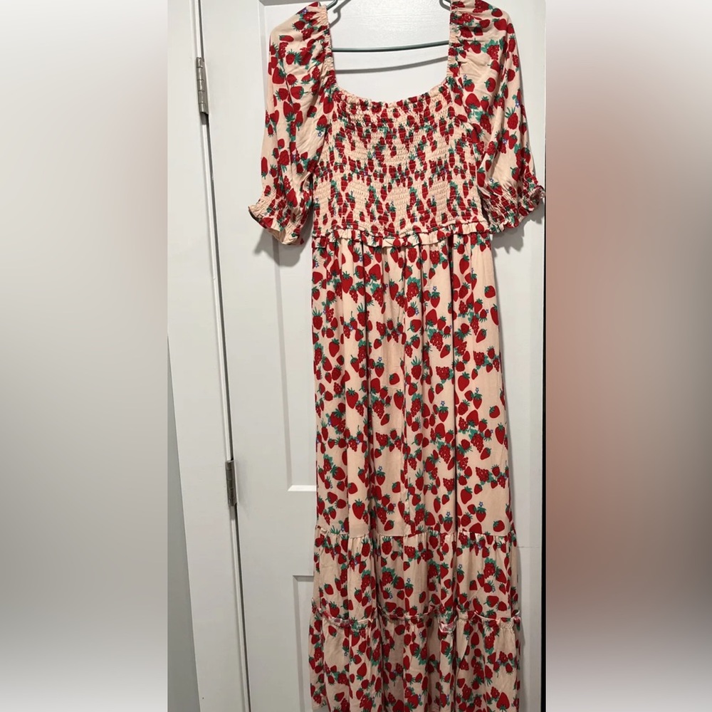 NWT Betsey Johnson Strawberry Berry midi cottage core dress pearl blush pink